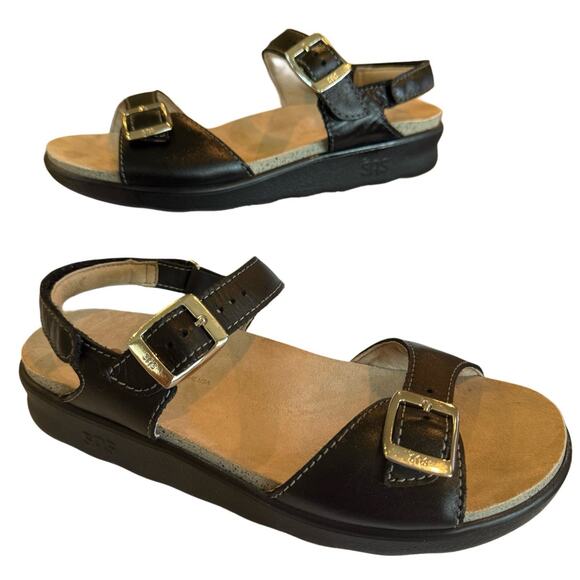 SAS Tripad Comfort Sandals 7.5 M Black Leather Arch Support Double Straps EUC - Picture 1 of 7